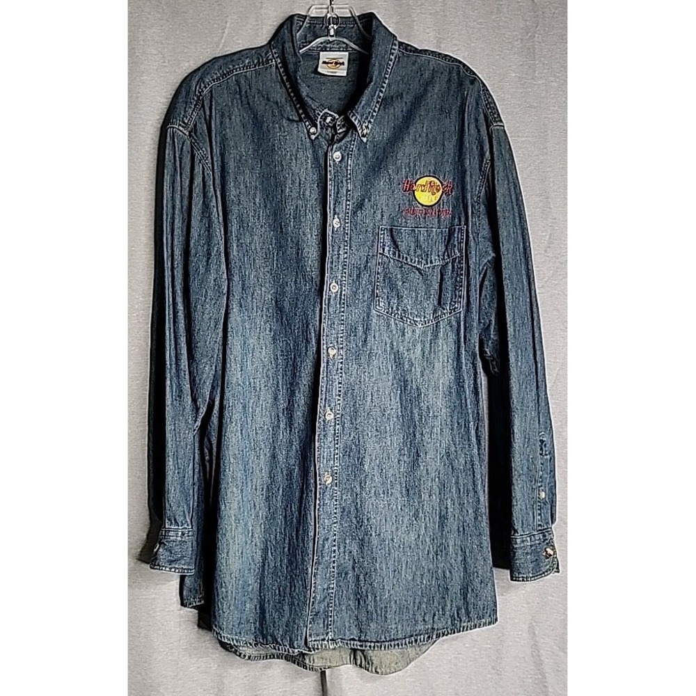 Hard Rock Cafe Puerto Vallarta Mens Denim Shirt XL Dark Blue Collared Button Up